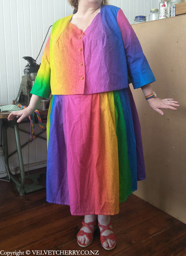 A rainbow suit for a celebrant, custom made by Velvet Cherry, Wellington, NZ