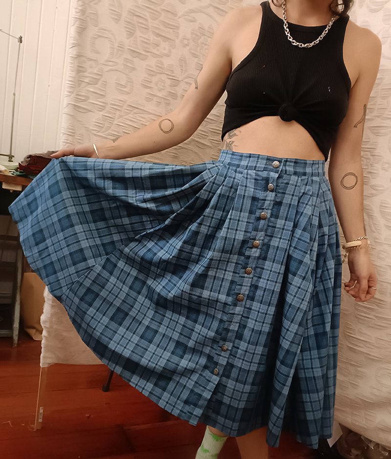 Plaid cotton skirt with button front, custom made by Velvet Cherry, Wellington, NZ.