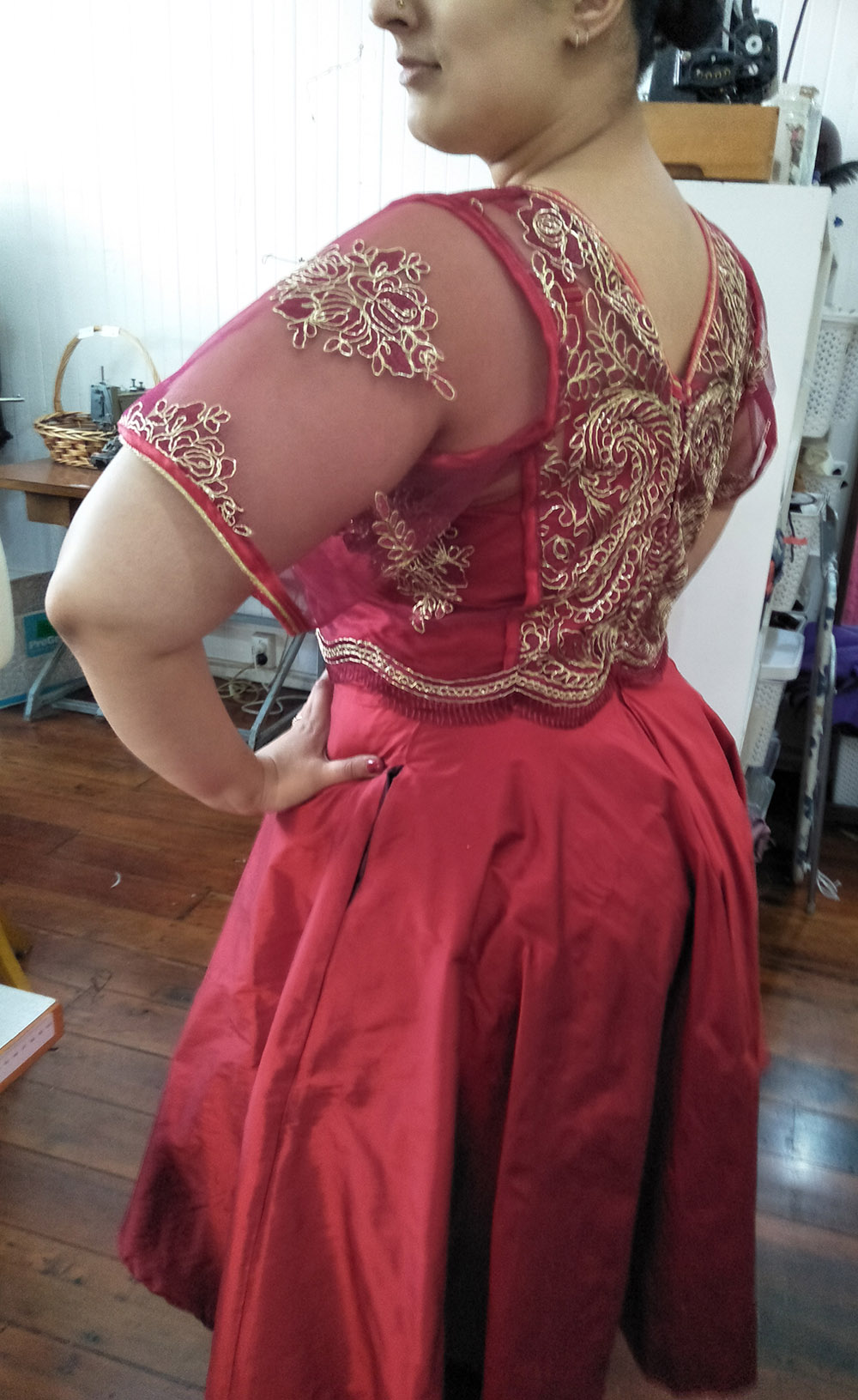 Red and gold dress in silk and lace custom made by Velvet Cherry, New Zealand.