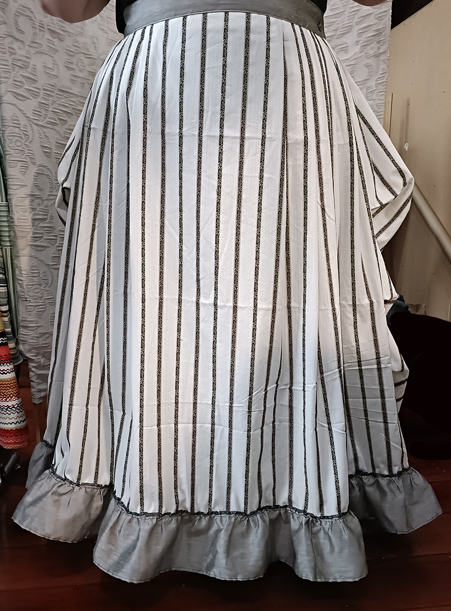 White and brown striped Victorian skirt with ruffled petticoat, made by Velvet Cherry