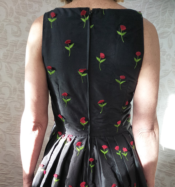 Black and red flower day dress, custom made by Velvet Cherry, Wellington, New Zealand.