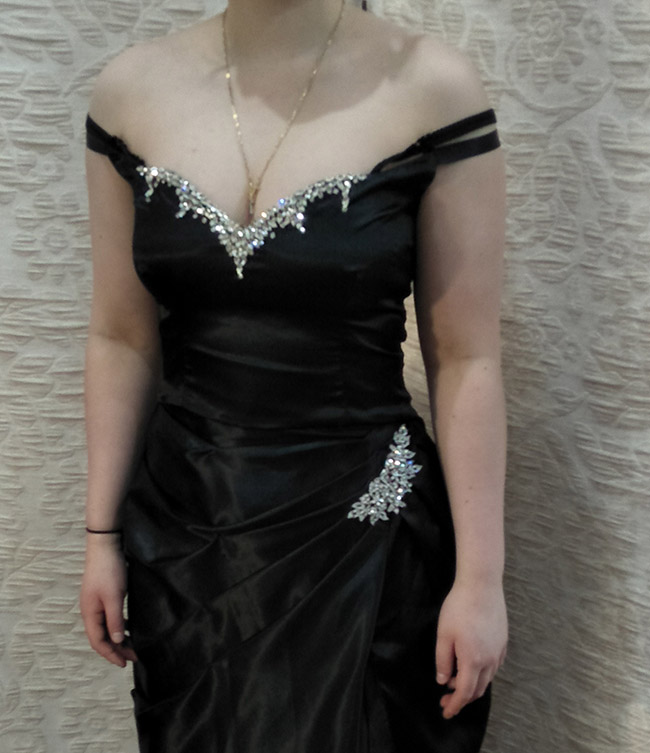 Black satin and crystal rhinestone prom dress, custom made by Velvet Cherry, Wellington, New Zealand.