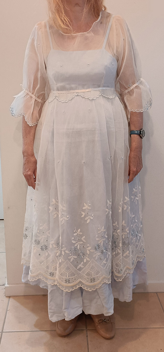 A palest blue and white dress evoking Regency or Edwardian dresses, custom made by Velvet Cherry, Wellington, New Zealand.