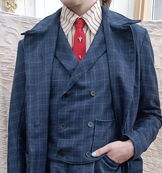 Torso view of a dapper three piece wool suit created by Velvet Cherry, Wellington, NZ