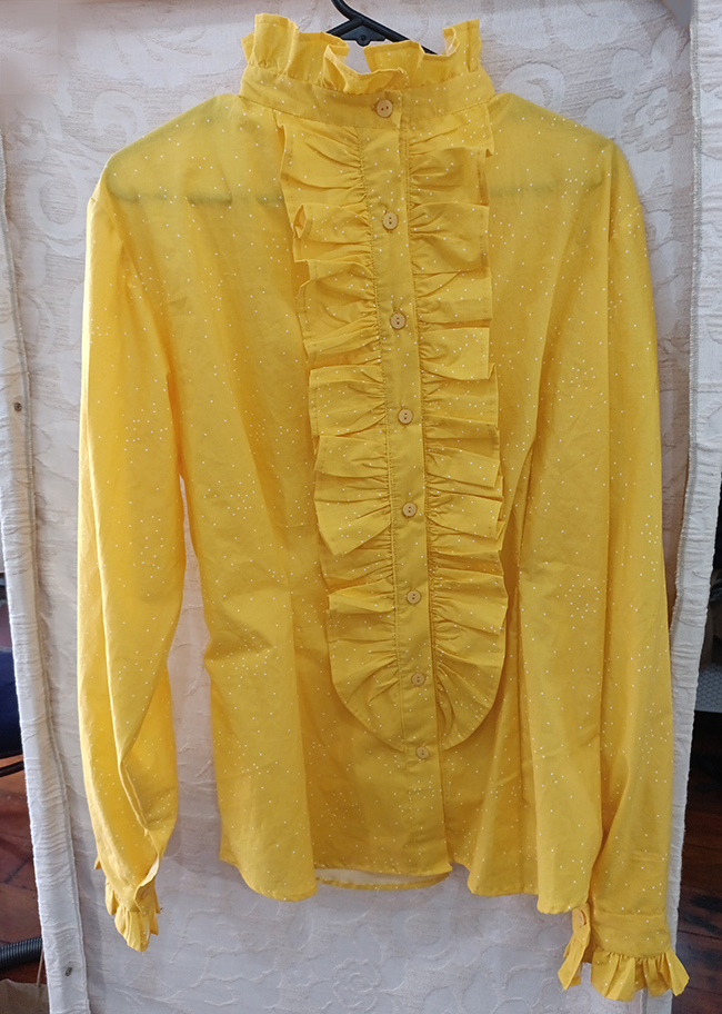 Yellow ruffled cotton shirt custom made by Velvet Cherry, Wellington, New Zealand. Yeah baby!